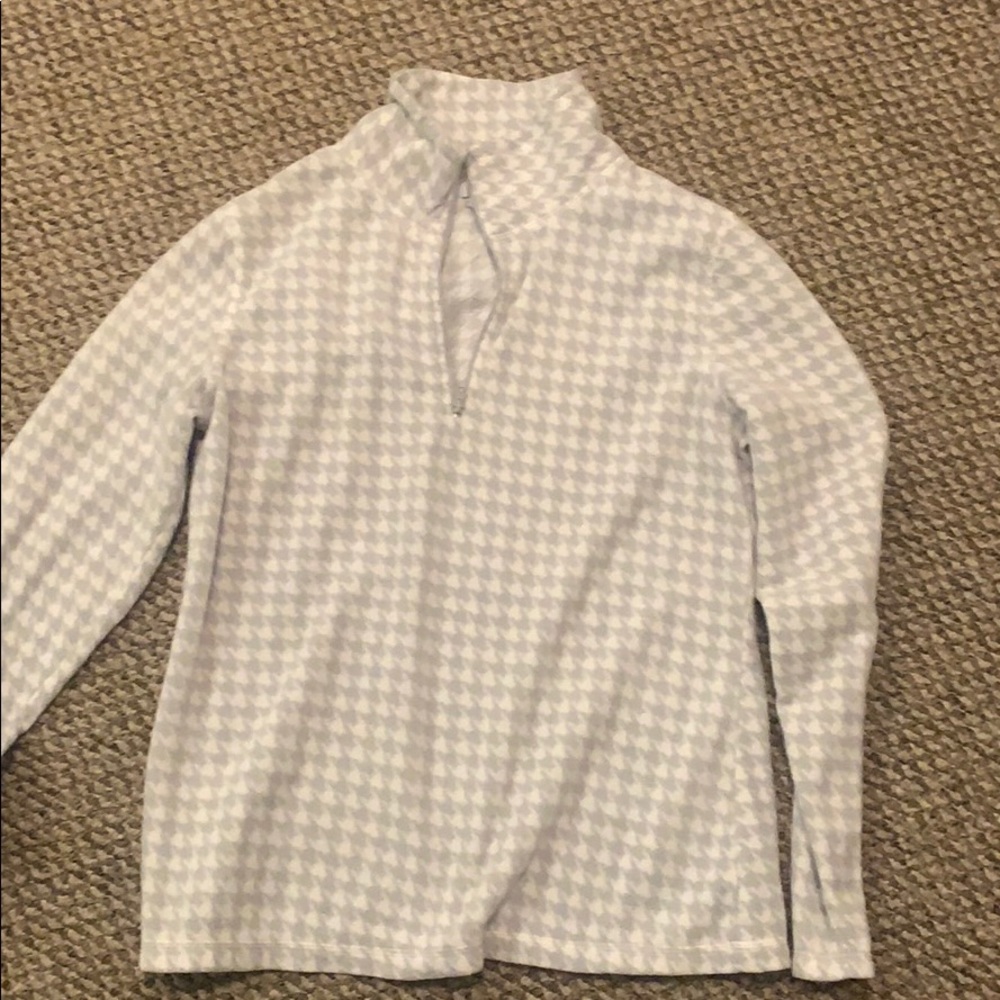 gray and white patterned quarter zip